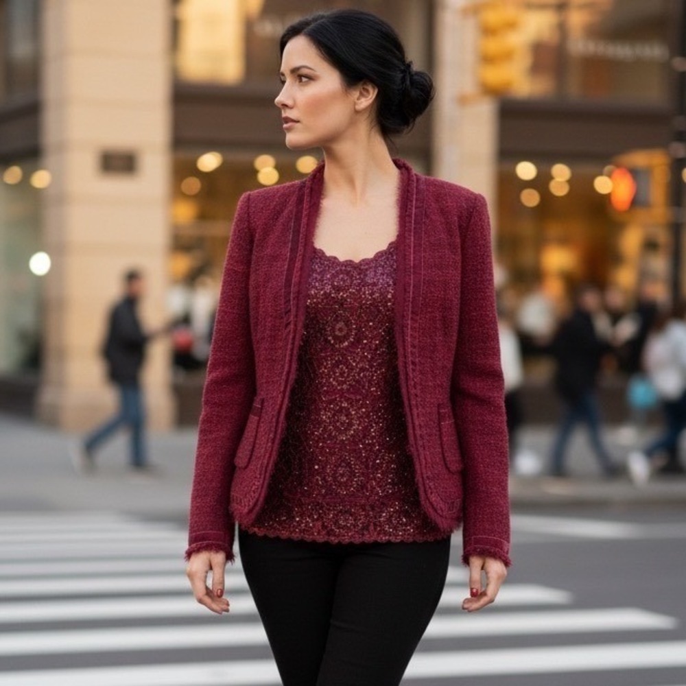 Tapemeasure Burgundy Tweed Blazer and Beaded Crochet Camisole‎ 2 Piece Set 8/S